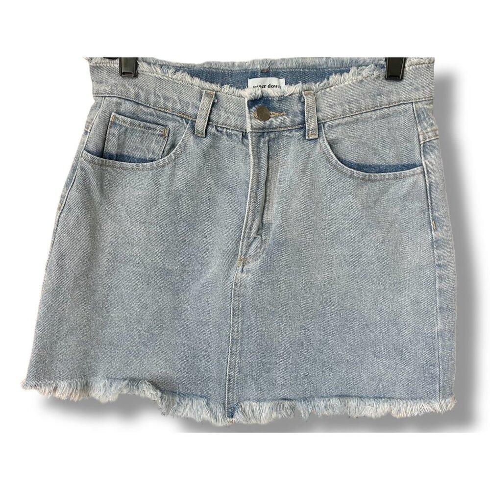 Superdown Light Wash Denim Mini Skirt fray Hems distressed blue jean revolve